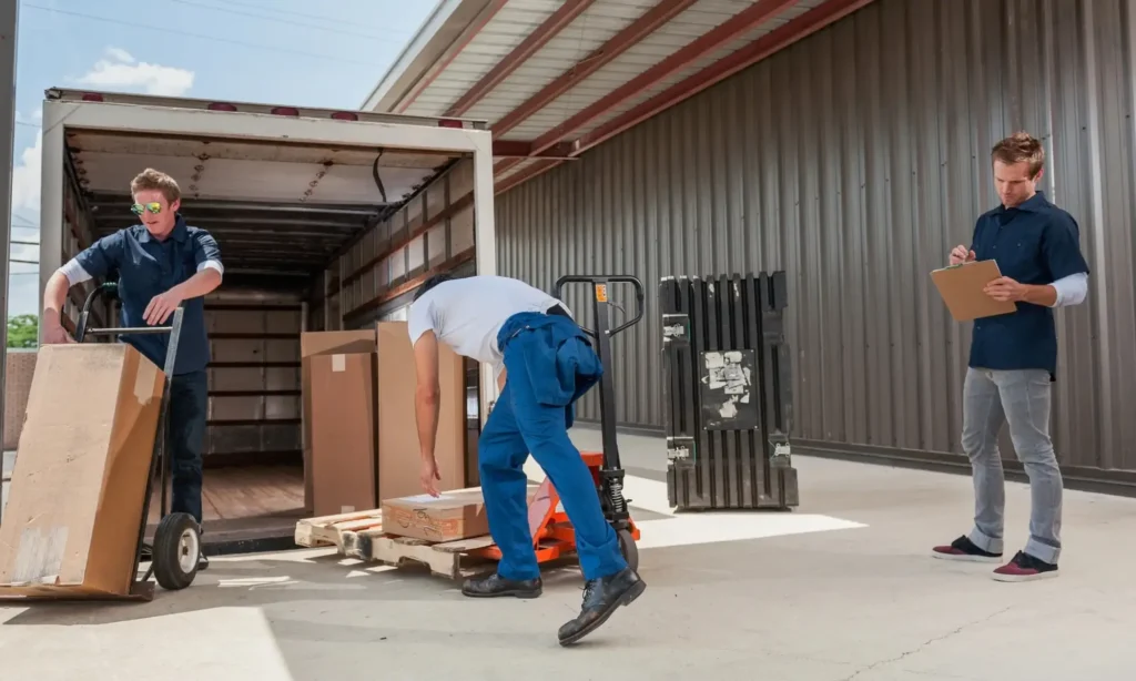 Warehouse workers loading boxes into a truck.