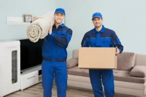 Movers in UAE carrying box and carpet