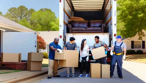 Movers unloading boxes from a moving truck