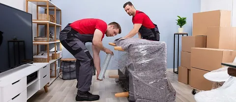 Villa movers wrapping sofa furniture during professional packing service in Dubai
