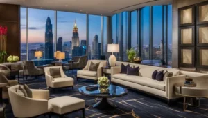 Luxury living room with panoramic city skyline view and modern elegant furniture