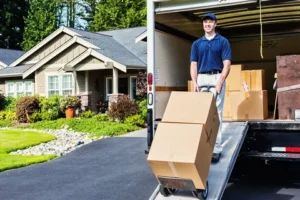 Mover unloading packed boxes from moving truck