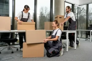 Professional movers packing boxes in an apartment