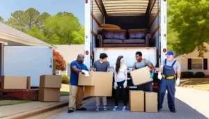 Professional movers unloading boxes from moving truck